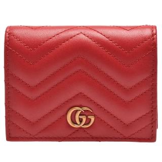 【GUCCI 古馳】GG Marmont matelasse系列絎縫紋牛皮金屬雙G LOGO暗釦卡夾/零錢包(芙蓉紅466492-DRW1T-6433)