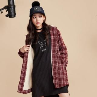 【PLAYBOY】毛絨內裡格紋襯衫外套(磚紅色)