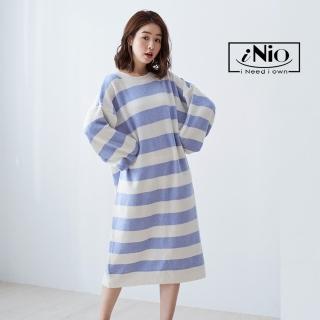 【iNio 衣著美學】橫紋針織長袖洋裝長洋毛衣裙長版連衣裙（S-L適穿）★ 現貨快出 C9W3014