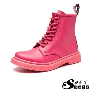 【SOFT WALK 舒步】歐美經典款8孔綁帶真皮馬丁靴 短靴 工程靴(玫紅)