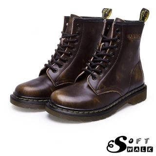 【SOFT WALK 舒步】歐美經典款8孔綁帶真皮馬丁靴 短靴 工程靴(擦色棕)