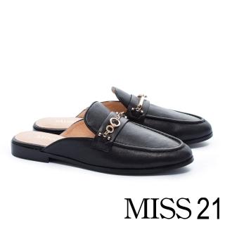 【MISS 21】經典質感造型飾釦羊皮穆勒低跟拖鞋(黑)
