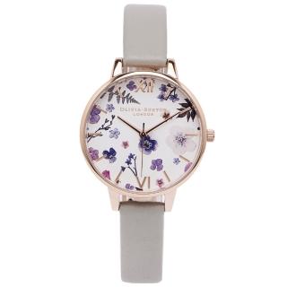 【Olivia Burton】紫色花朵清新風皮革手錶-白面x淺灰色/34mm(OB16AR10)