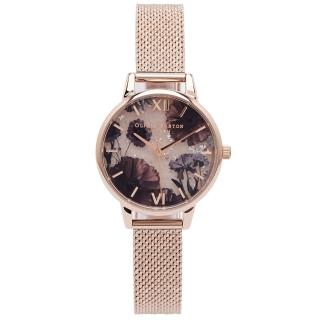 【Olivia Burton】花吻玫瑰石款米蘭帶手錶-花朵面X玫瑰金色/30mm(OB16SP21)
