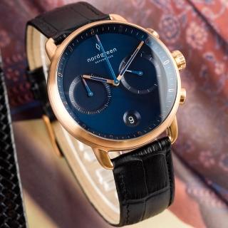 【Nordgreen】Pioneer先鋒x玫瑰金 北歐藍錶盤 極黑鱷魚紋真皮腕錶 42mm(PI42RGLEBCNA)