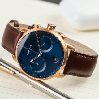【Nordgreen】Pioneer先鋒x玫瑰金 北歐藍錶盤 深棕真皮腕錶 42mm(PI42RGLEDBNA)
