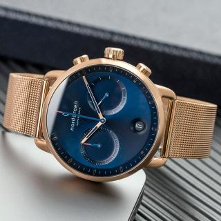 【Nordgreen】Pioneer先鋒x玫瑰金 北歐藍錶盤 玫瑰金米蘭腕錶 42mm(PI42RGMERONA)