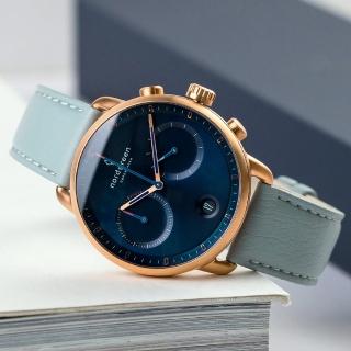 【Nordgreen】Pioneer先鋒x玫瑰金 北歐藍錶盤 霧霾藍純素皮革腕錶 42mm(PI42RGVEDONA)