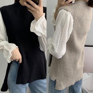 【JC Collection】時尚百搭舒適保暖純色螺紋側面開衩寬鬆休閒針織套衫背心罩衫(黑色、卡其色)