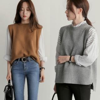 【JC Collection】精緻純色圓領素面百搭保暖寬鬆螺紋下擺背心休閒針織罩衫(灰色、咖啡色)