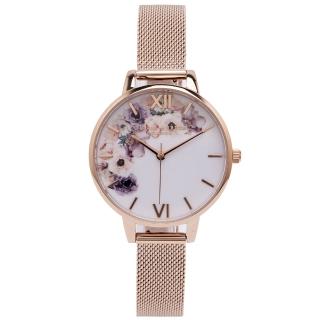 【Olivia Burton】華麗花香款米蘭帶手錶-白面/34mm(OB16PP57)