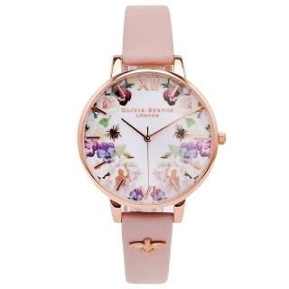 【Olivia Burton】蜜糖花語風皮革手錶-白面x粉色/34mm(OB16EG111)