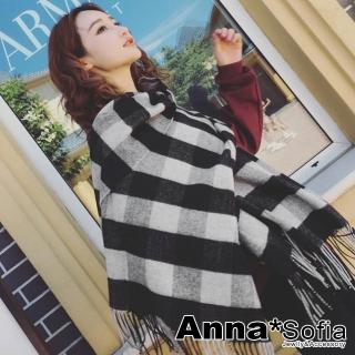 【AnnaSofia】知性方格 厚織混羊毛大披肩厚圍巾(黑灰系)