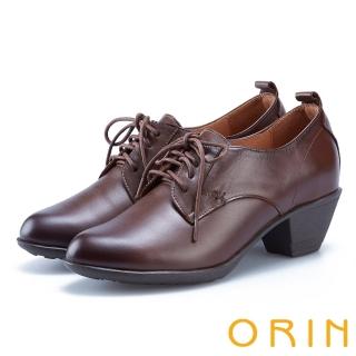 【ORIN】英倫時尚 嚴選蠟感牛皮綁帶粗跟裸靴(咖啡)