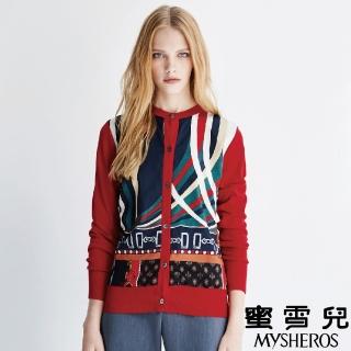【mysheros 蜜雪兒】撞色幾何多圖針織外套(紅)