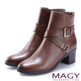 【MAGY】紐約時尚步調 交叉皮帶牛皮粗跟短靴(棕色)