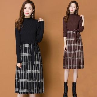 【最水】吸睛拼接格裙針織洋裝(L-3L)