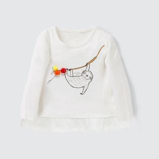 【橘魔法】樹懶毛球荷葉下擺長袖上衣(橘魔法 長袖上衣 薄長袖 現貨 童 女童 兒童)