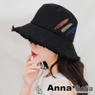 【AnnaSofia】率性毛邊三彩繪 遮陽防曬漁夫帽盆帽(黑系)