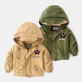 【橘魔法】男童貼布刷毛加厚連帽風衣大衣(男童 風衣 大衣 外套 軍外套 兒童 童裝 夾克 橘魔法 現貨)