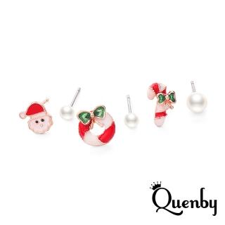 【Quenby】簡約迷小巧聖誕老公公花圈枴杖棒棒糖搭珍珠耳釘/耳環-6件組(糜鹿/配件)