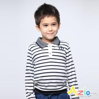 【Azio Kids 美國派】男童 上衣 船錨刺繡條紋POLO衫(白)