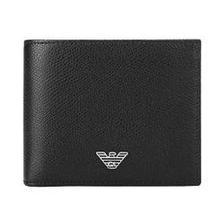 【EMPORIO ARMANI】立體老鷹LOGO自然皮紋多卡格雙層短夾(黑色)