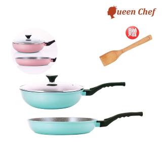 【Queen Chef】韓國礦岩鈦合金鑄造不沾雙鍋 30CM 4件組(炒鍋+平底鍋+蓋+竹鏟)