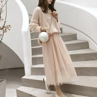 【BBHONEY】韓版網美必備鏤空針織上衣網紗長裙二件式套裝(網美都這樣穿)